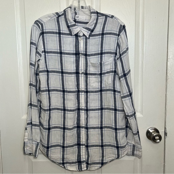 GAP Plaid Navy and white Long Sleeve Button Down Women’s Linen Top | size Small - Picture 1 of 5
